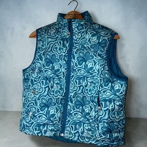 LL Bean Womens Goose Down Puffer Vest Teal Blue Paisley Floral Full Zip Large L
